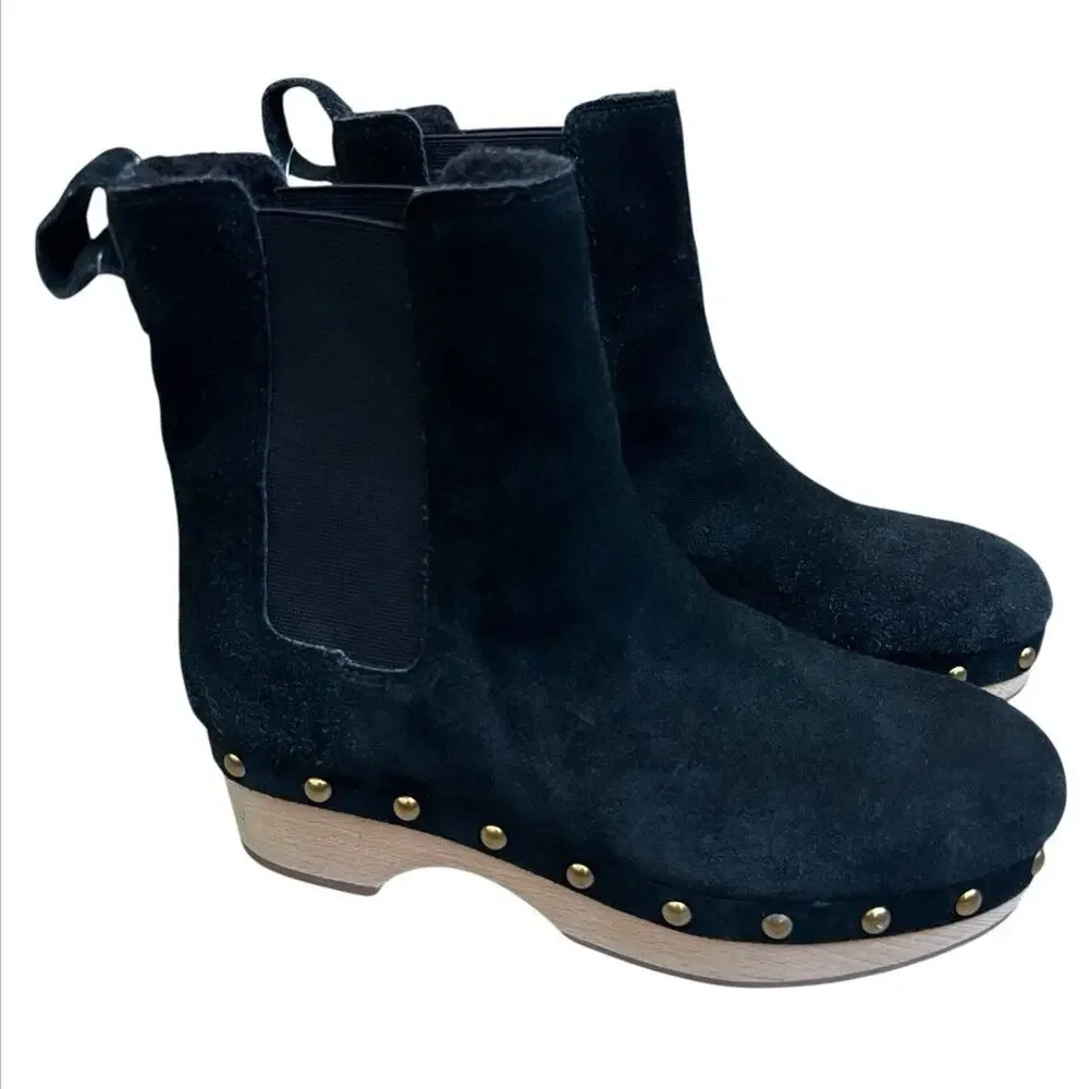 J. CREW Faux Fur Lined Chelsea Clog Boots Black Suede Leather Sz 6 Gold Studded